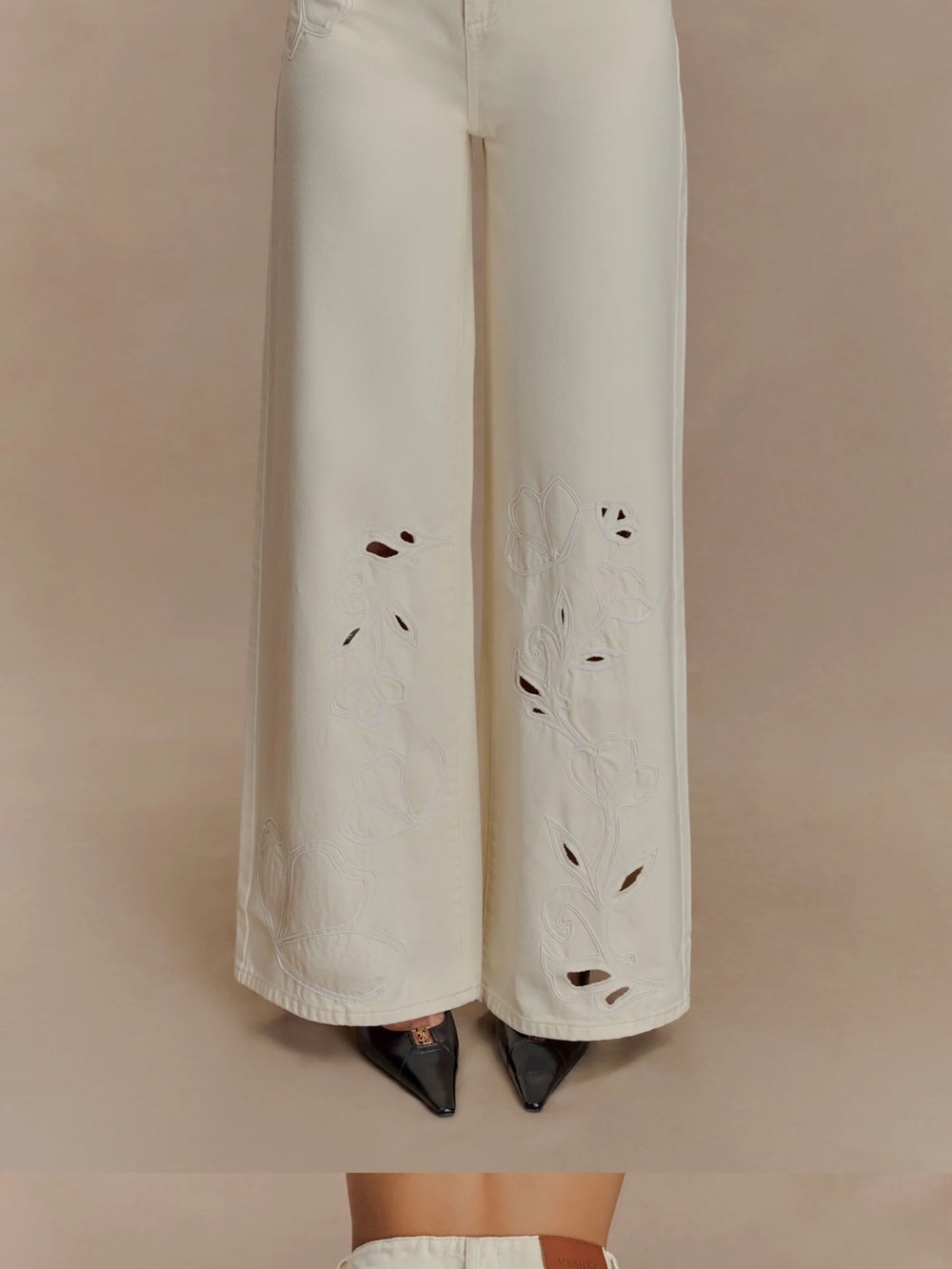 Meshki Cream Wide-Leg Embroidered Cutout Trousers
